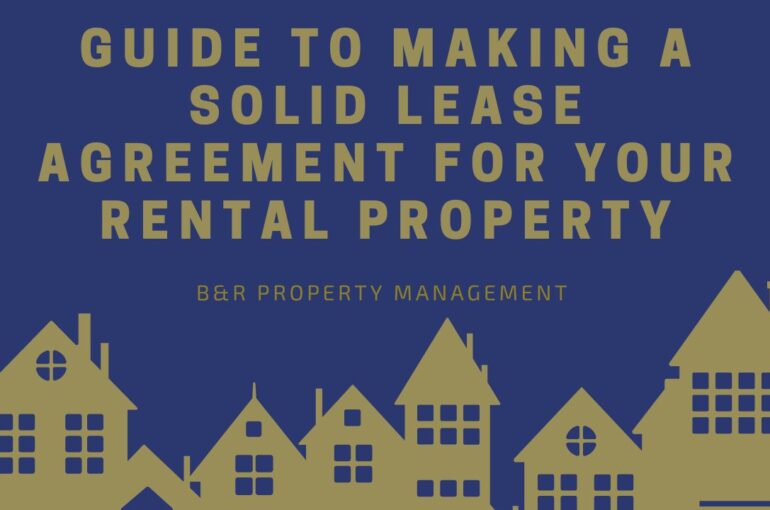 Title "Guide to Making a Solid Lease Agreement for Your Rental Property" in gold letters over a dark blue backround, above a golden cartoon silhouette of houses