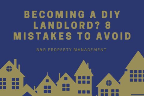 Title "Becoming a DIY Landlord? 8 Mistakes to Avoid" in gold letters over a dark blue backround, above a golden cartoon silhouette of houses
