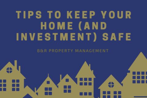 Title "Tips to Keep Your Home (And Investment) Safe" in gold letters over a dark blue backround, above a golden cartoon silhouette of houses