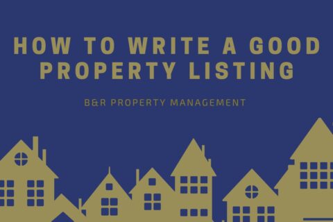 Title "How to Write a Good Property Listing" in gold letters over a dark blue backround, above a golden cartoon silhouette of houses
