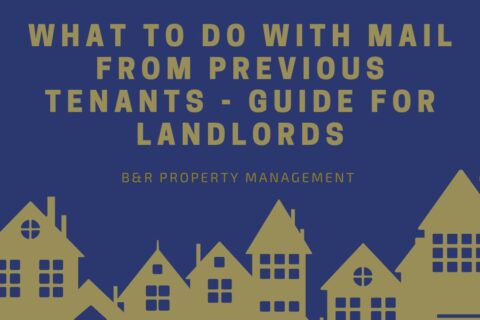 Title "What to Do with Mail From Previous Tenants - Guide for Landlords" in gold letters over a dark blue backround, above a golden cartoon silhouette of houses