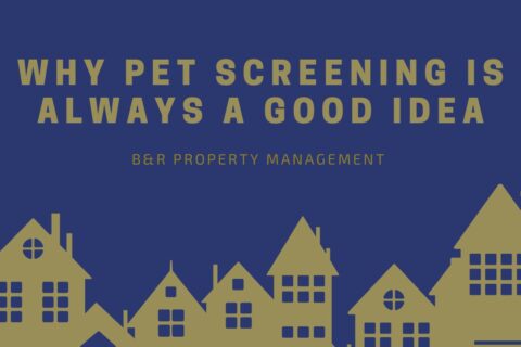 Title "Why Pet Screening Is Always a Good Idea" in gold letters over a dark blue backround, above a golden cartoon silhouette of houses