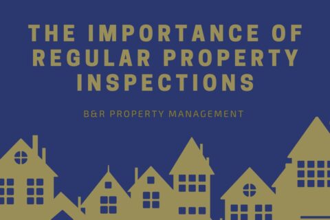 Title "The Importance of Regular Property Inspections" in gold letters over a dark blue backround, above a golden cartoon silhouette of houses