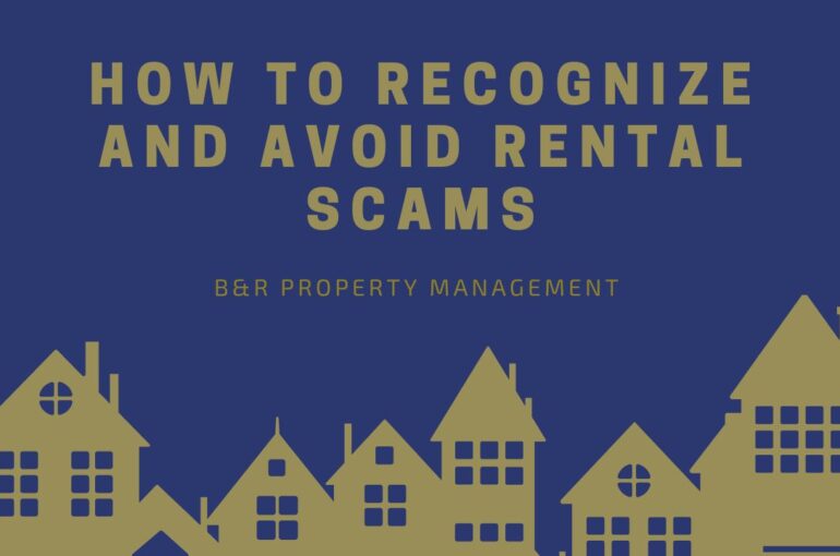 Title "How to Recognize and Avoid Rental Scams" in gold letters over a dark blue backround, above a golden cartoon silhouette of houses