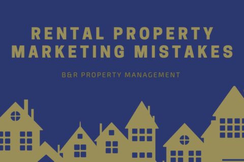 Title "Rental Property Marketing Mistakes" in gold letters over a dark blue backround, above a golden cartoon silhouette of houses