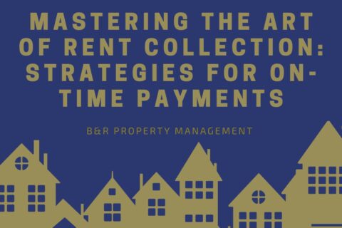 Title "Mastering the Art of Rent Collection: Strategies for On-Time Payments" in gold letters over a dark blue backround, above a golden cartoon silhouette of houses
