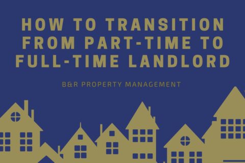 Title "How to Transition from Part-Time to Full-Time Landlord" in gold letters over a dark blue backround, above a golden cartoon silhouette of houses