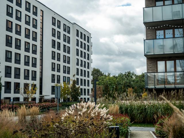 apartment buildings with a garden