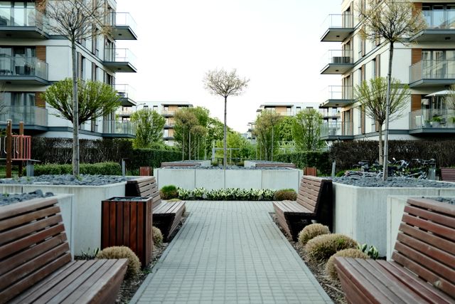 garden walkway connecting apartment buildings