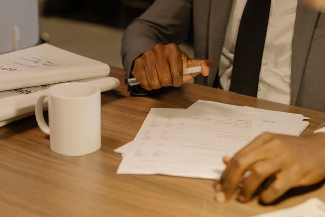 person reviewing documents at a wooden desk